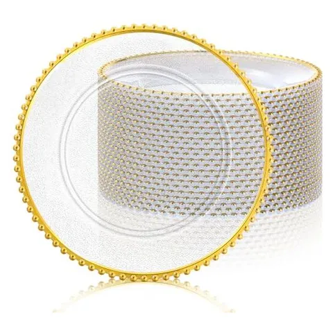 Hoolerry Sottopiatti trasparenti rotondi in plastica con perline – Oro